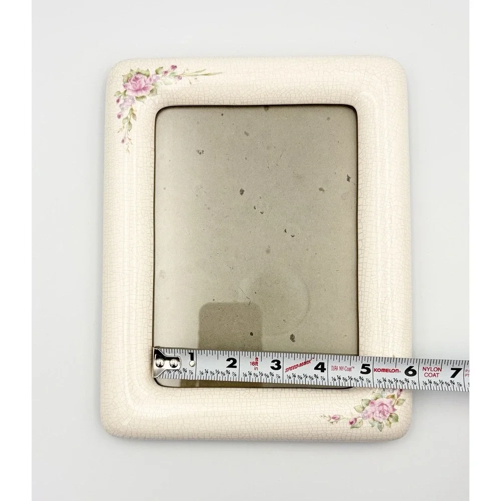 VTG Ceramic Crackle Glaze Picture Frame Cream Pink Rose Floral Cottagecore 5x7